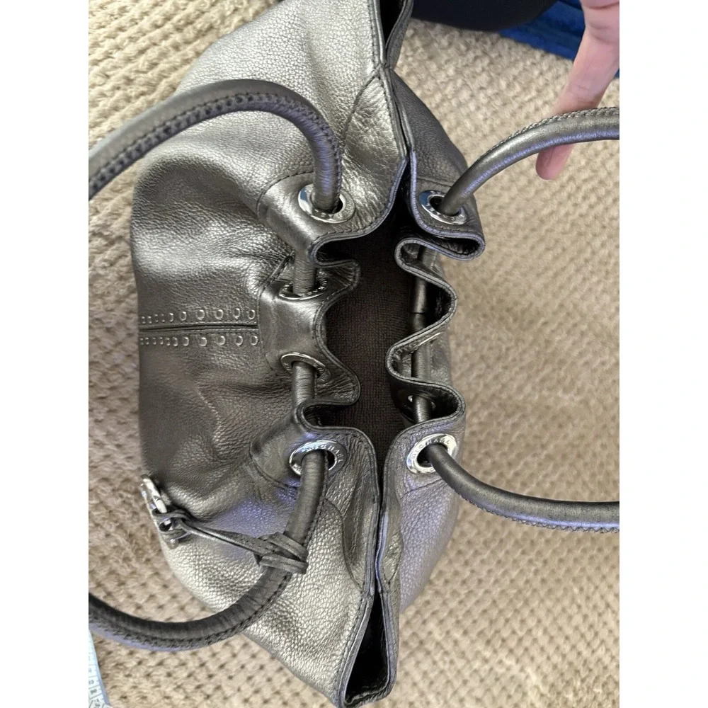 Michael Kors Metallic Pewter Pebbled Leather Studded Double Handle Tote Handbag